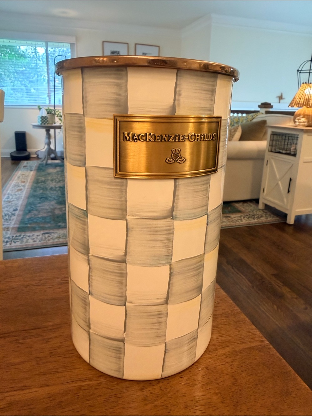 MacKenzie-Childs Gray and White Courtly Check Ceramic Canister with Brass Plaque